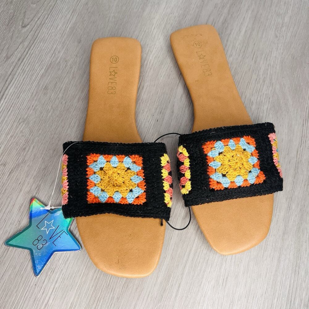Love 83 Flip Flops Black Crochet Size 10